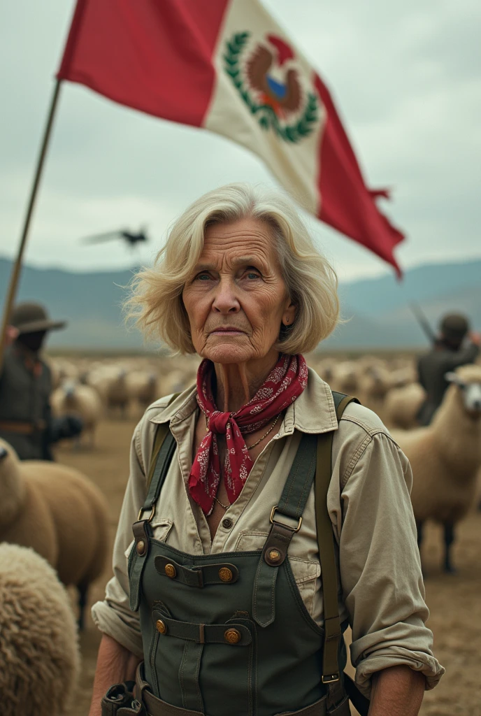 A 71-year-old woman with short, voluminous bob hair with soft waves, blonde with some darker streaks. Her face is clear with marked expression lines, especially around the eyes and mouth, with war clothing, suspenders, painted face and a bandana on the head, with a raised flag in which there is a cock. There is a war going on around her, in which flying sheep that shoot lasers from their nipples and land sheep with Monster truck wheels fight to the death against the Peruvians, with cock blows that that crush them and the Peruvians are defenseless against the cocks and the busty lasers. All in a gray war background with corpses on the ground and the gray sky.