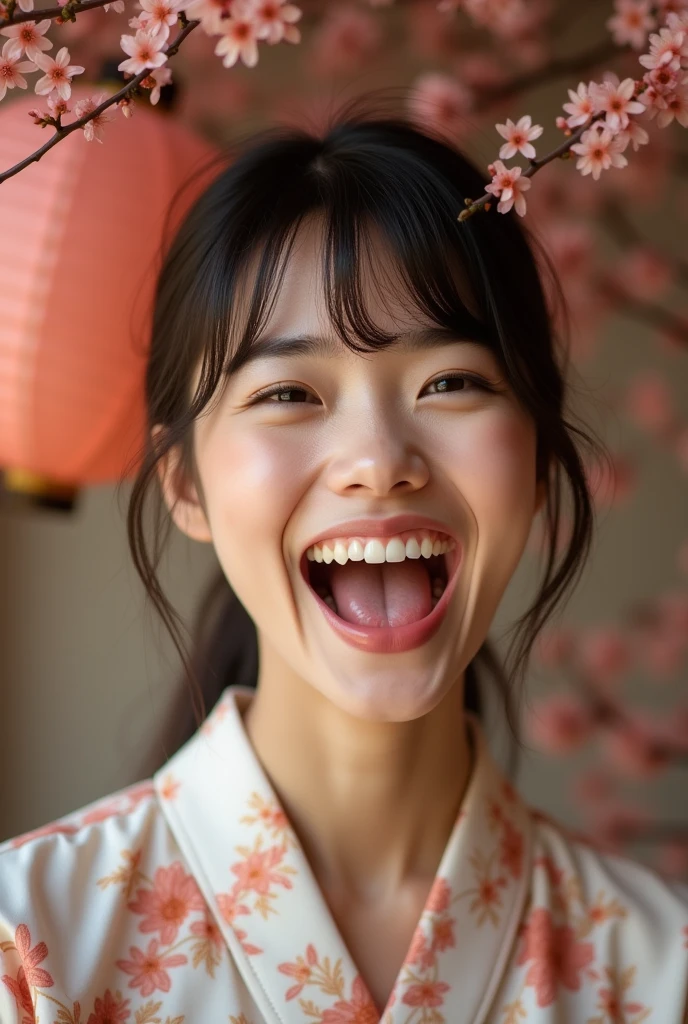 Beautiful Japanese woman with a big mouth, fully naked, making funny faces, close up of her mouth with her mouth wide open。