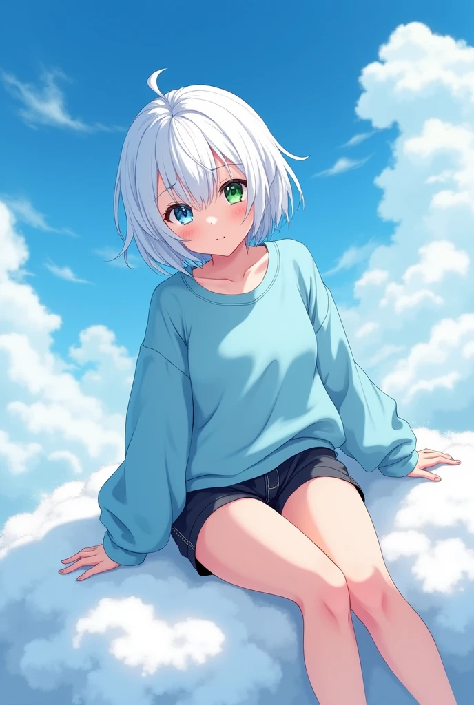 anime style, young adult woman, with the right eye blue and the left eye green, short white hair.
He is wearing a light blue oversized sweatshirt and black shorts..
Sitting on a white cloud