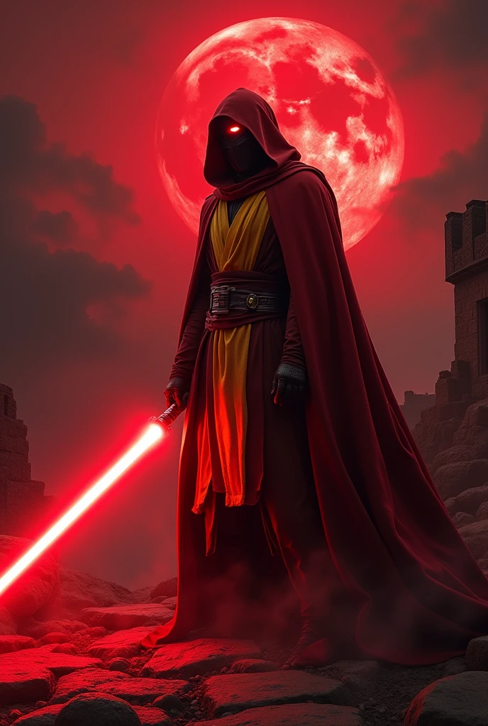 The country spain as a Sith Lord from Star Wars, colors of the flag, red lightsaber, scary, frightening, ultra-realistic 