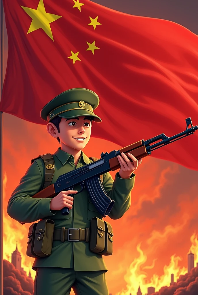 (The background is the entire,The map is red,On the left is the five-star red flag) (A handsome cartoon character in green camouflage uniform smiling and holding an AK47 submachine gun)(On the left side of the picture"If there is a war,Must return when summoned!",The font must be strong and powerful)(The whole picture looks very loving.)(Aspect ratio of 3:2)(The whole picture is very technological)