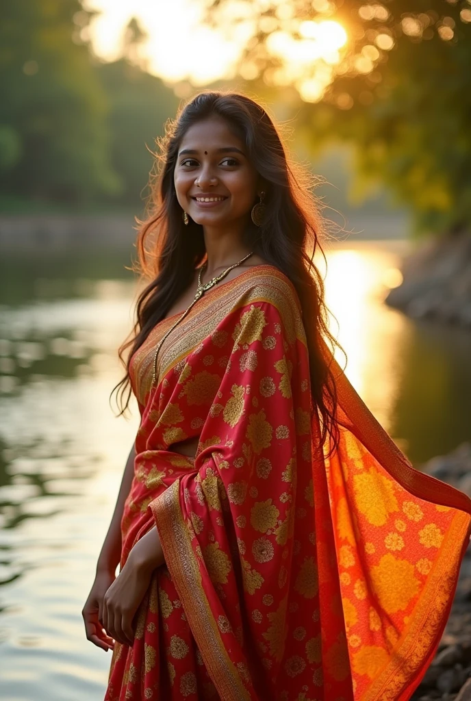 A Indian most cute girl 25 years old wearing sari ana without wearing the on sariblouse river side 