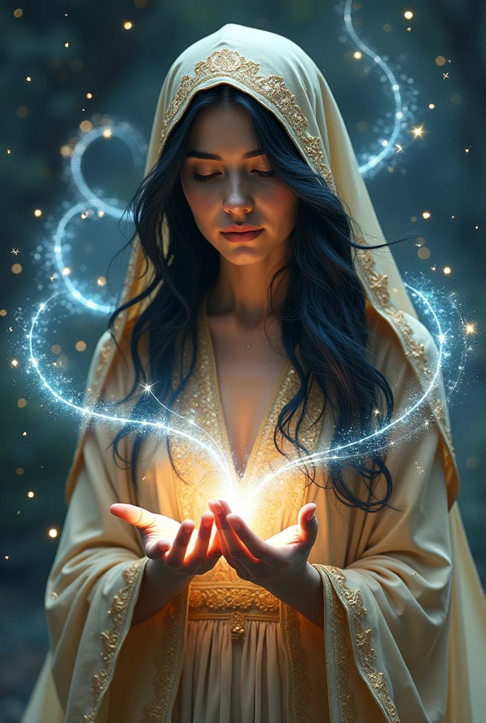 adult woman, aged 50 . enchantress, black hair highlighted with blue highlights. Dressed in a golden hood and an energy that comes out of her hands and circulates in a spiral shape. There are many fireflies and stars around you . The energy coming out of your hands surrounds you in a spiral of white light.