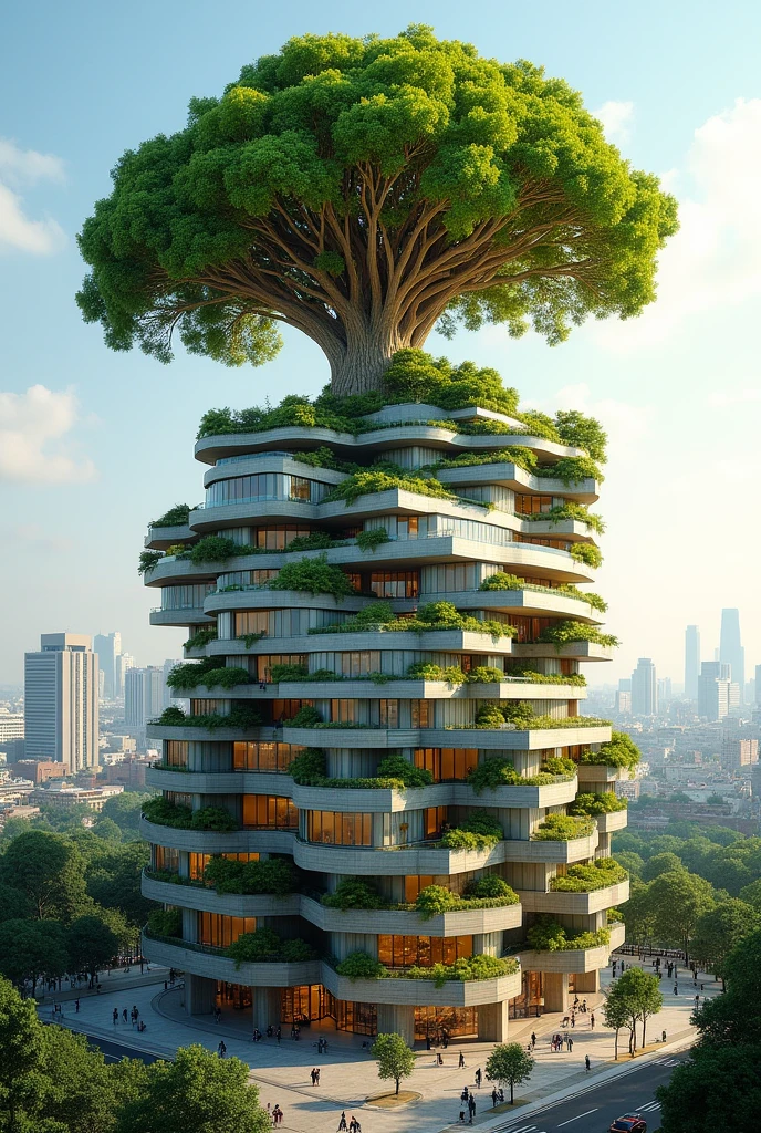a building , but with a tree growing inside it and with the crown of that tree on top of the building with leaves made of sustainable things