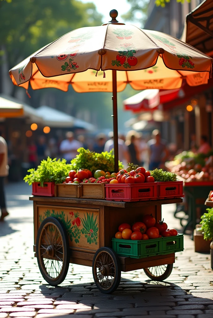 Create a model of a display cart to sell vegetables on the street with an iron and acrylic umbrella 