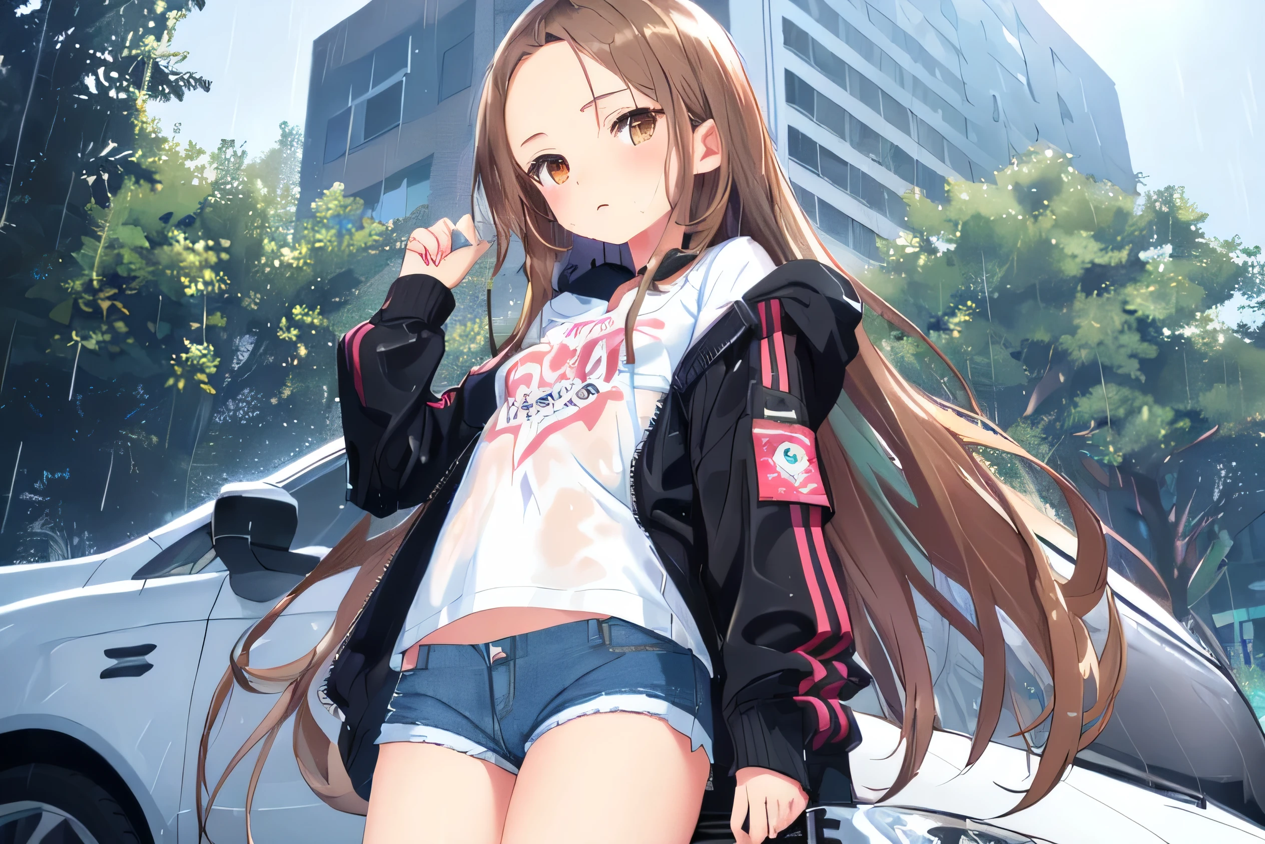 ((masterpiece,best quality;1.3,best illustration)),cowboy shot,1 woman、19-year-old beauty、solo,((very small head:1.5)),dark brown hair,long hair,forehead,brown eyes,colorful eyes,blush,,((Very long body:1.3)),((solid body,slim body,thin)),glowing skin,glowing skin,oily skin,(Drenched in the rain、Black zip-up hoodie outer jacket、white tight t-shirt、Denim Micro Shorts), Driving from the driver's seat, Skillfully hold the steering wheel and drive the car, Intense drift-like maneuvers, Serious driving expression, Biting my lips slightly, Composition that illuminates the driver's seat