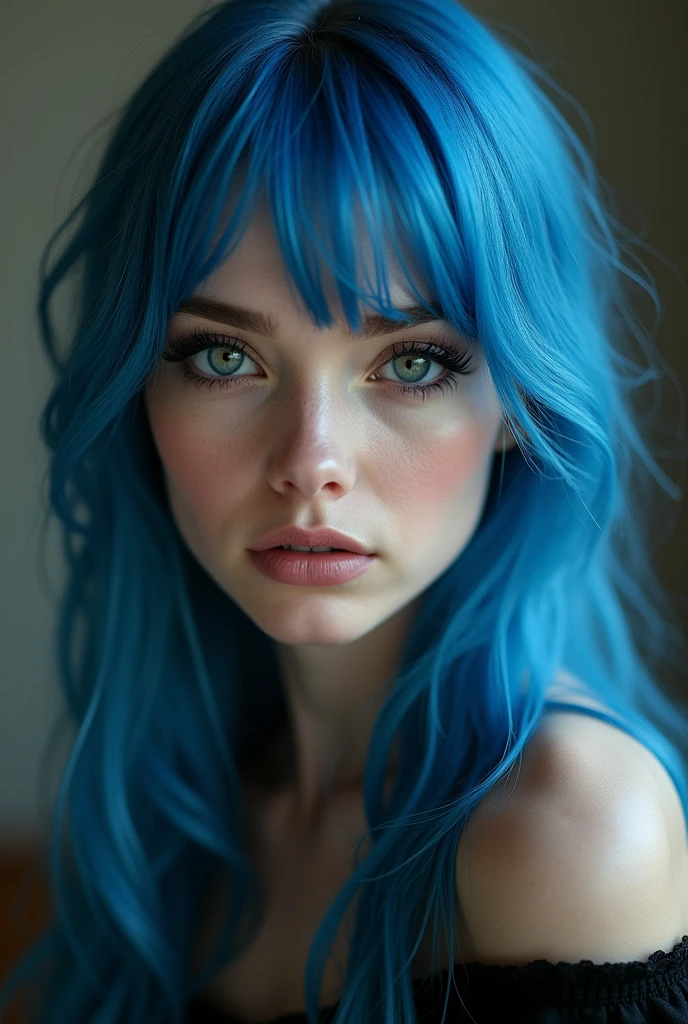 powder of arcane serie netflix, Full lenght, blue hair, narrow face, grey eyes, girl, 18 years old, slim figure, button nose, full lips, european appearance, ultra highly intricate detailed, black eyeliner, over knee stockings, looking at the camera, professional photography, ultra sharp focus, very beautiful, naked