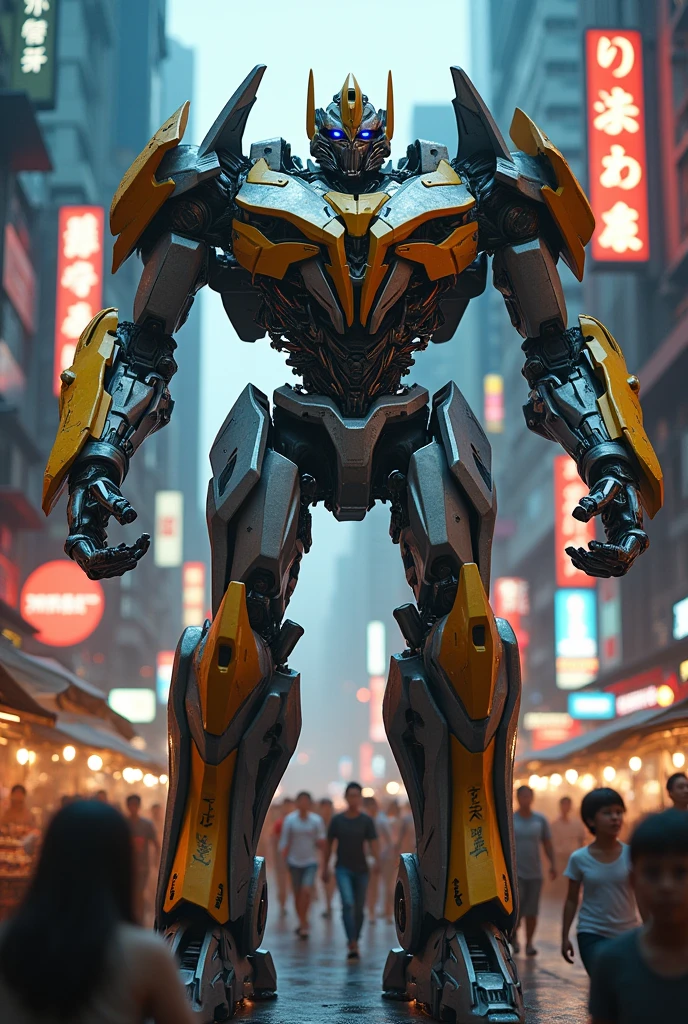 A realistic Transformer robot based on the Lamborghini Huracan, approximately five meters tall, is seen running in Bangkok, surrounded by people running away.