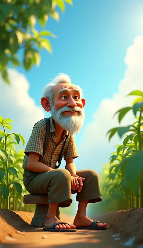 Uncle Tu is an elderly man, Lean with gray hair and tanned skin. He usually wears simple clothes like old shirts, Long pants and flip-flops. He has a gentle face, often smile beard. Sitting and planting small tomatoes, sowing each small plant down below. 3d animation