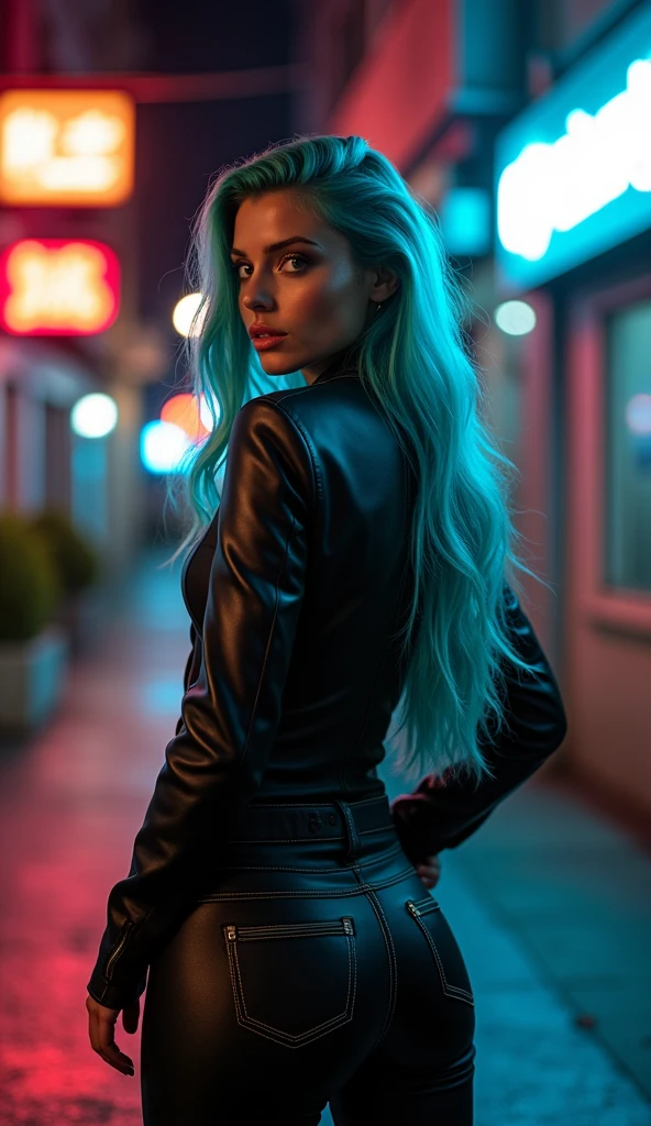 sexy girl, turquoise hair, leather jacket on the naked body