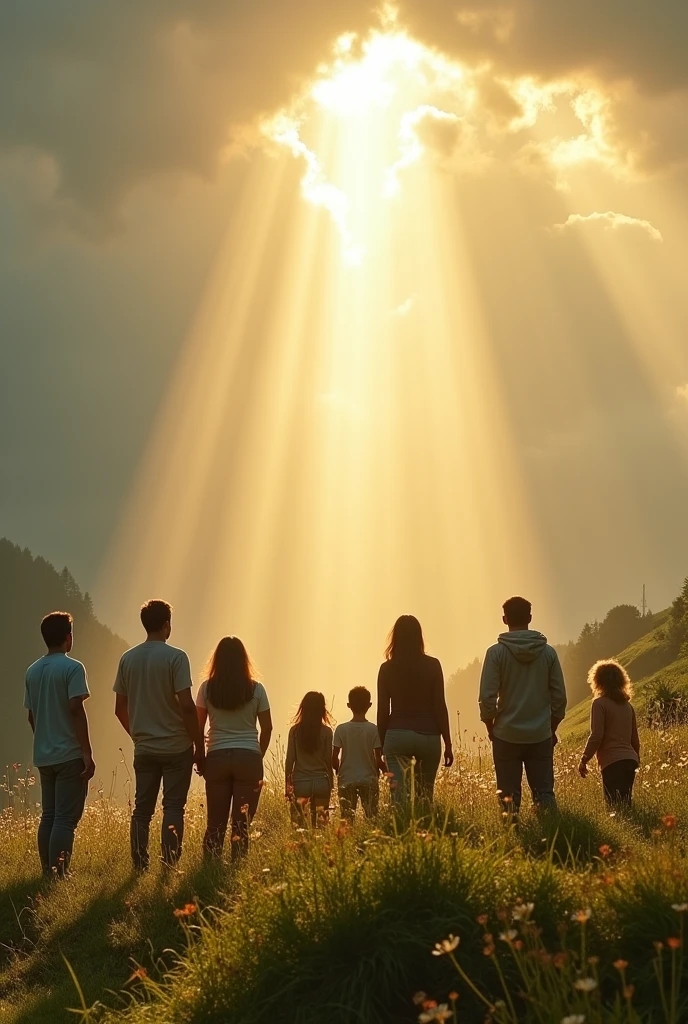 men, Women and children in the countryside watching a line of light coming down from between the clouds, from a hill, I want it to look like a photo, not a drawn cover
