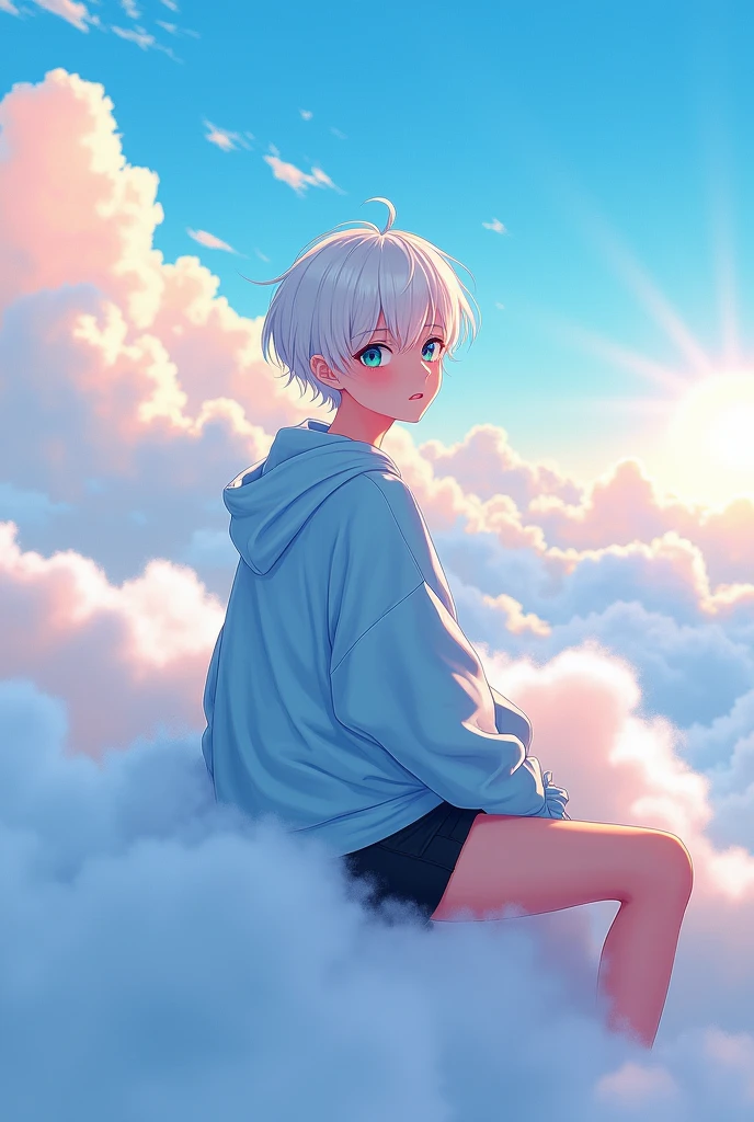 anime style, young adult woman, with the right eye blue and the left eye green, short white hair.
He is wearing a light blue oversized sweatshirt and black shorts..
Sitting on a white cloud