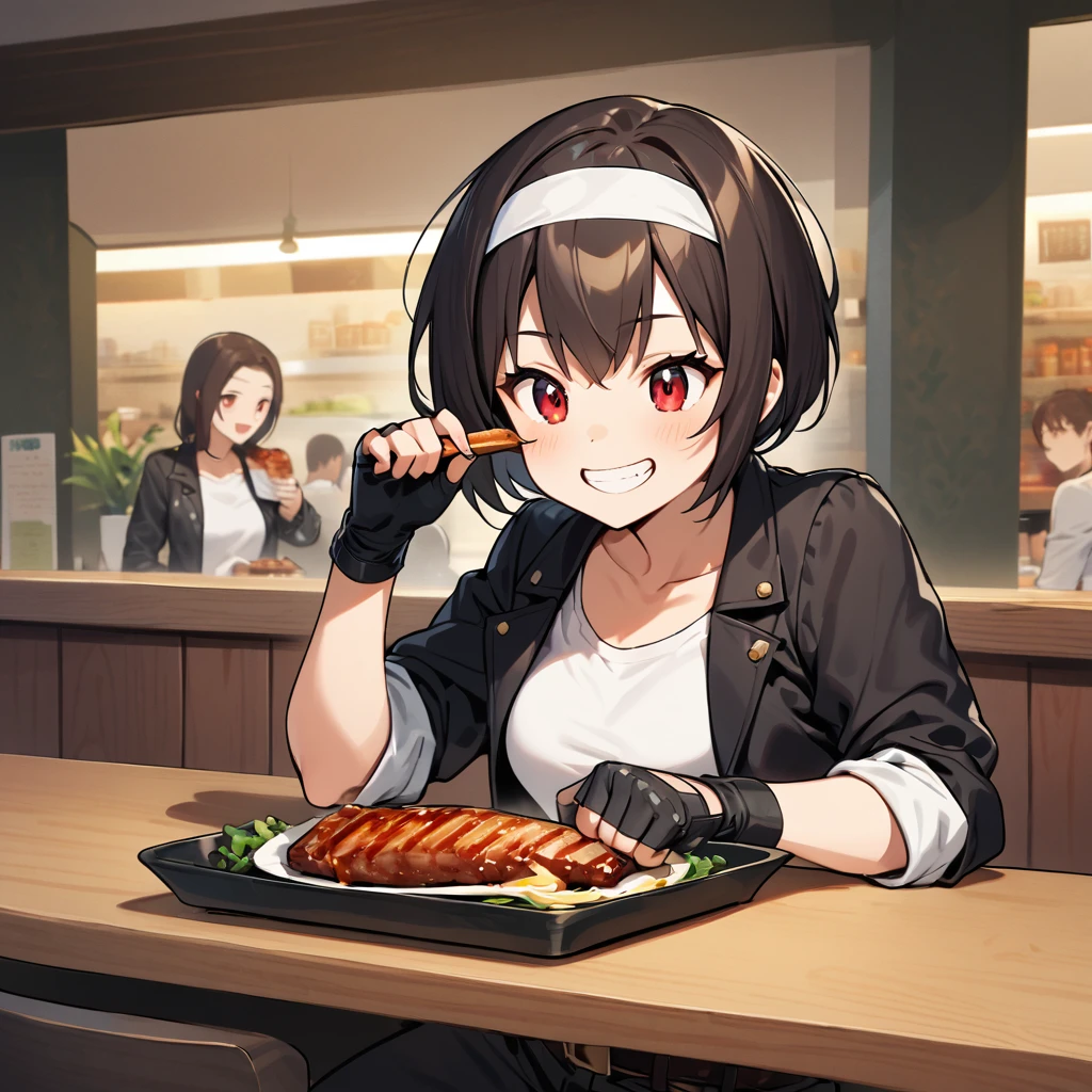 single,female,eating grilled fish in a restaurant,short height,dark hair,dark skin,red eyes,((rolled up black jacket)),fingerless gloves,white T-shirt,(white headband),black pants,white shoes,brown belt,cute,indoor-oriented,charming,top quality,neat face,neat eyes,confident,smiling,eating grilled fish in a restaurant full of confidence, toothy smile, eating barbecued meat in a restaurant, busy