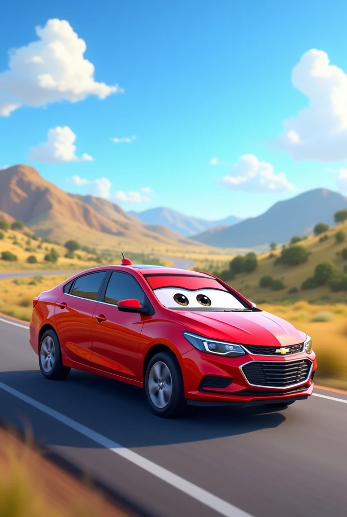 Wallpaper for cell phone of a 2023 Chevrolet Onix LT sedan car in carmine color. The car is seen driving on a road in Uruguay and a little far away. Let the image be animated Disney Pixart style. Let the car have a face while respecting the car model. The image that has good quality and resolution. 