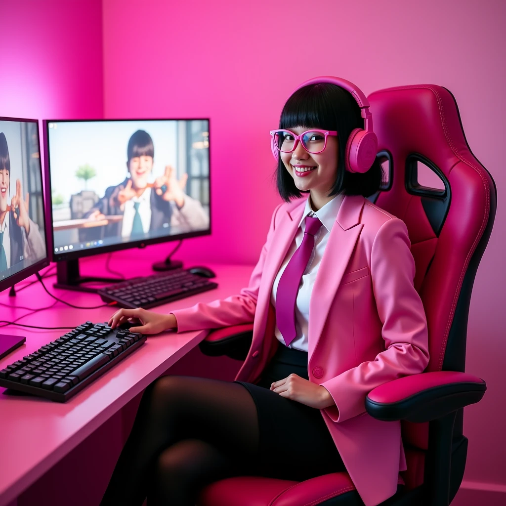 The young woman short black hair and pink eyes wear a pink suit, white shirt, magenta necktie, black pencil skirt, black underpants, black tights, black socks, adidas white sneakers.
She wear glasses and pink gaming headphone, sit on the pink gamer chair, smiled, privacy office pink room, two pink monitor gaming, black keyboard, pink mouse, pink computer case, cartoon anime, 4K, HD