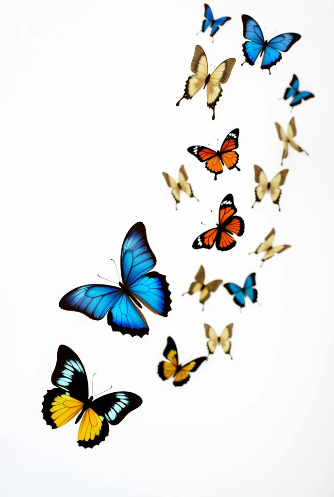Make a compilation of butterflies from the Brazilian Amazon rainforest and a white background image. Butterflies flying in different directions and sizes.