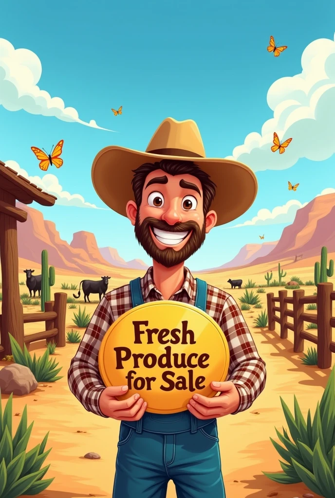 Create a farmer holding a round sign offering his product for sale, that it be in a cartoon that in the background you see a ranch and desert