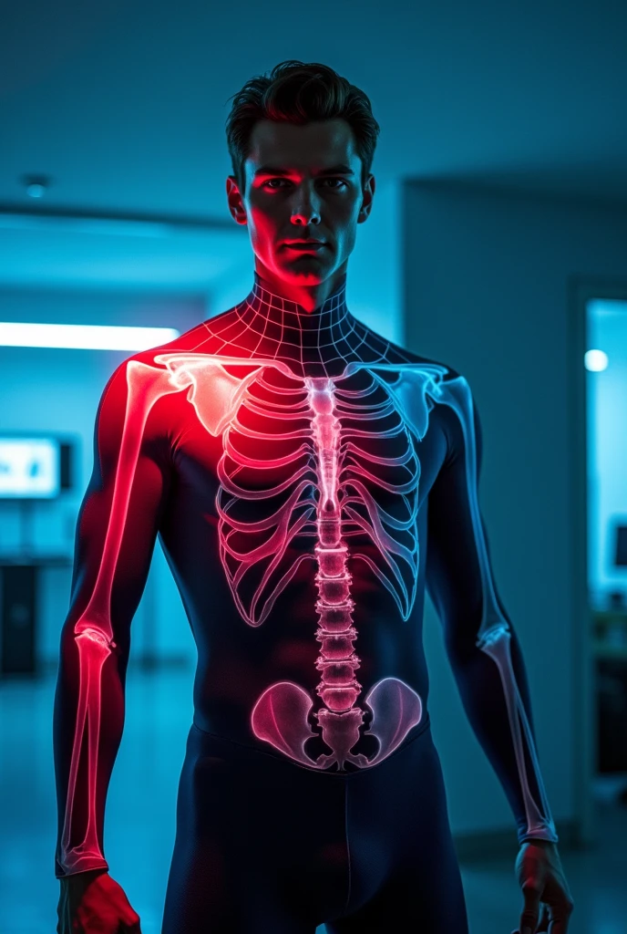 Spiderman, upper body shown in front view, with his left shoulder shown as X ray image, more details on the X ray image showing all the bones muscles and tendons of the shoulder, background in a X ray imaging room, do not tilt his body, one side of shoulder spotlighted in red light, do not show below waist