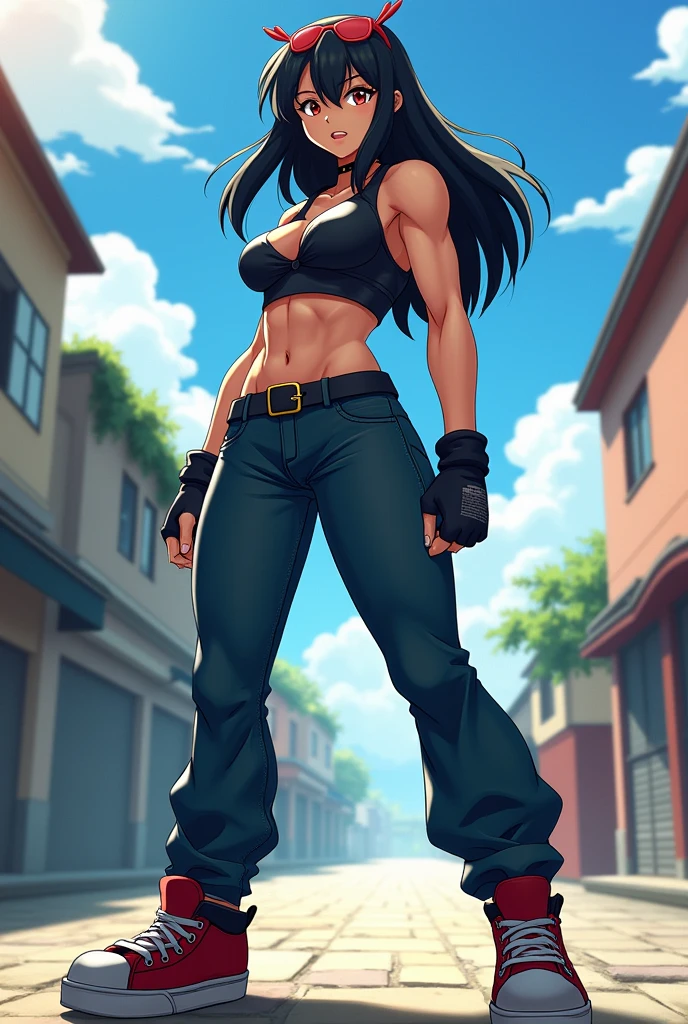 ((big sister Blacky, asamu's creation, sf4 anime, best quality:1.5, high resolution:1.5, ultra HD:1.0, extremely detailed:1.0, striking features:1.2, black haired character:1.0, confident expression:1.2, well-defined muscles:1.5, sleeveless top:1.0, jeans:1.0, sneakers:1.0, side profile:1.5, dynamic pose:1.3, bright lighting:1.5, vivid colors:1.2, impressive shading:1.0))