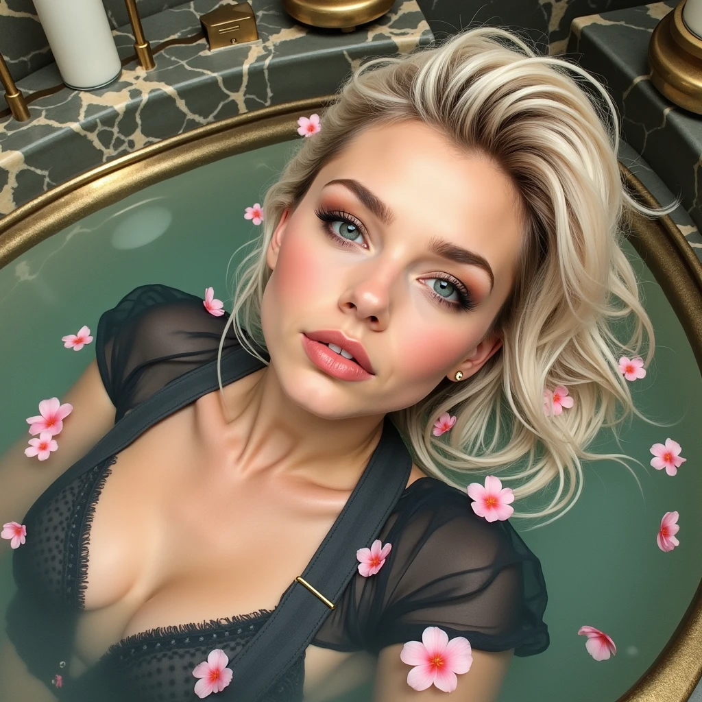 Laurence Bedard is laying in a luxurious, steamy bath with her hair elegantly styled in a loose bun