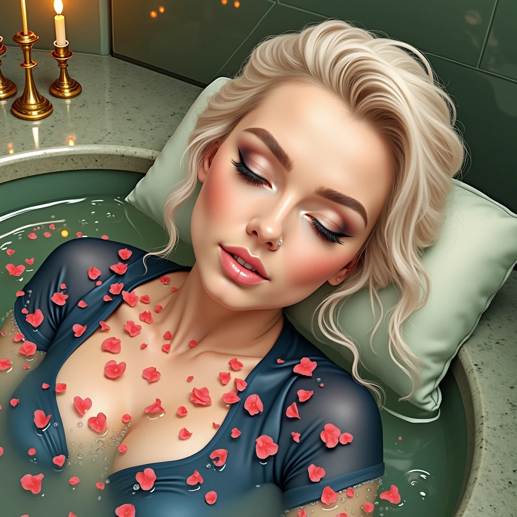 Laurence Bedard is laying in a luxurious, steamy bath with her hair elegantly styled in a loose bun