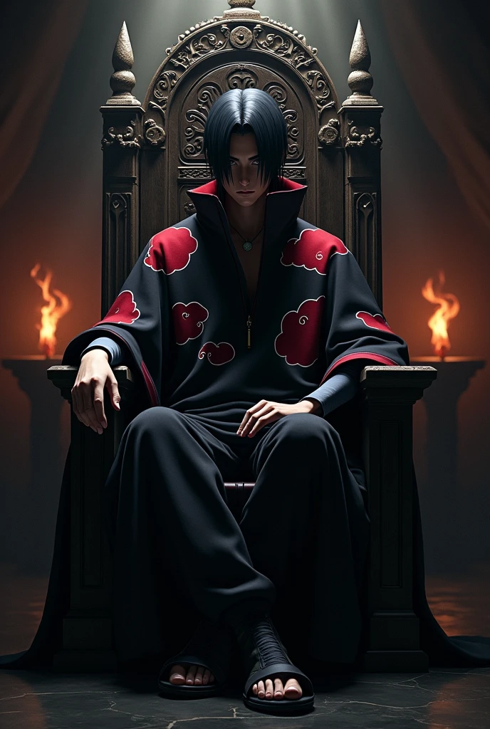 Just change this and make it just like naruto Shippuden episod 135's ecenw of itachi Uchiha sitting on a throne, and give him the same postures and cloths as itachi uchiha and make it dark.
