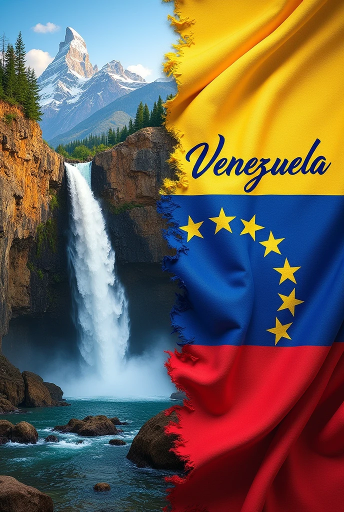 Collage with the flags of Venezuela and Ecuador and the names of Venezuela and Ecuador in letters.
In each half of the images their respective flags and in the background on the Venezuelan side the jump before and on the Ecuadorian side a snowy peak