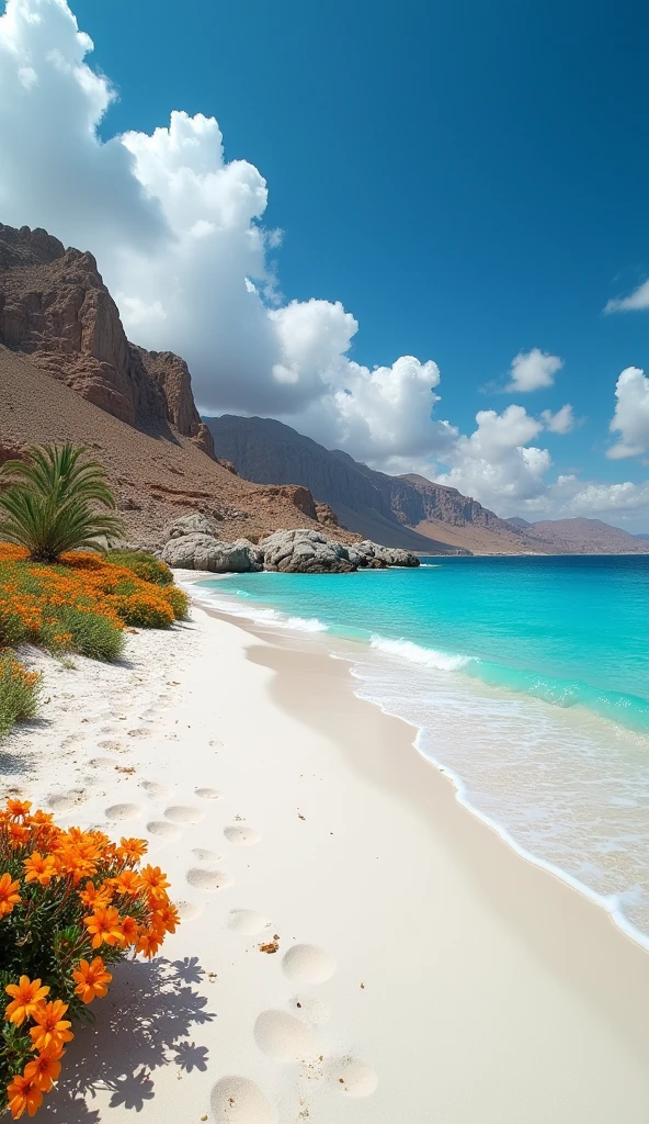 Beach with white sand and clear blue water on Sacotra Island