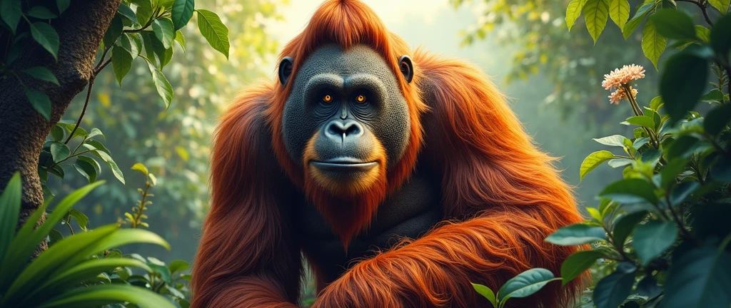 Dominant male Orangutan in Borneo rainforest