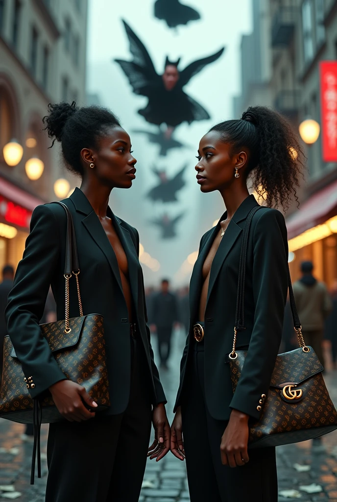 Make two black characters, each one with their bag , a bag from Louis Vuitton and another from Gucci ,in the background place several vampire women ,also make money fall from the sky