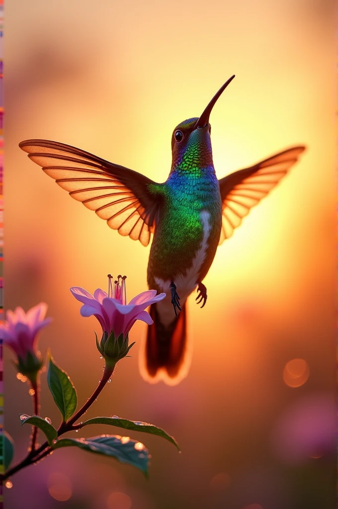Hummingbird with open wings over a rising sun