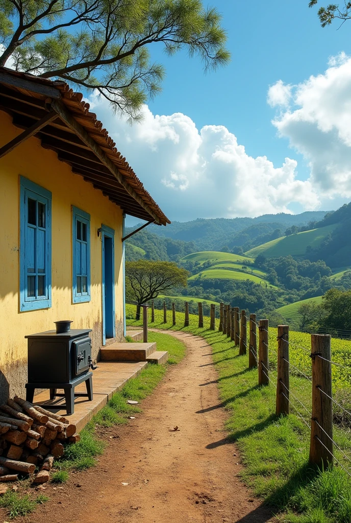 Make the image look more rural, to look older, that it looks like it&#39;s from the 20th century in Costa Rica, and that the colors of the house are representative colors of the rural era in Costa Rica., I don&#39;t have a fireplace that has a fire pit outside, a traditional Costa Rican stove as well as wire fences on the pasture-type path, that there is a place where they leave the firewood to cook on the stove outside the house now that coffee plantations representative of Costa Rica in the 20th century appear and the coffee plantations