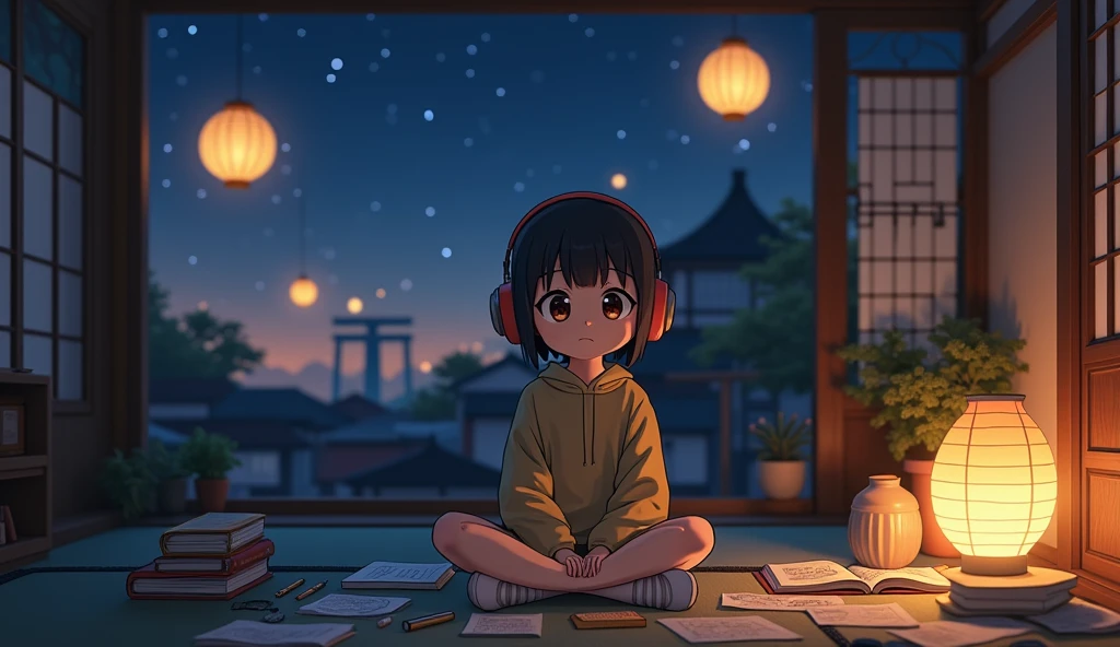 night、Listen to music in a cozy room, Use headphones, 2D Style Anime, Low-fi learning、Showa era feel