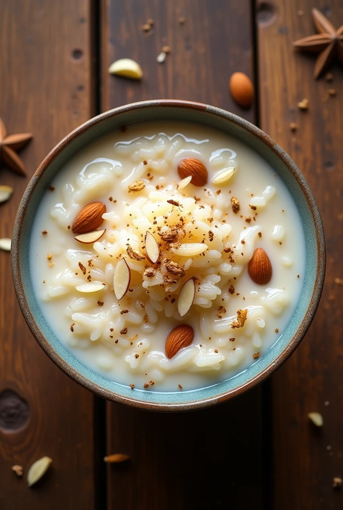 Kheer made of rice and milk so the color of kheer should be in white p.o.v photo form top angle in aspect ratio 16:9