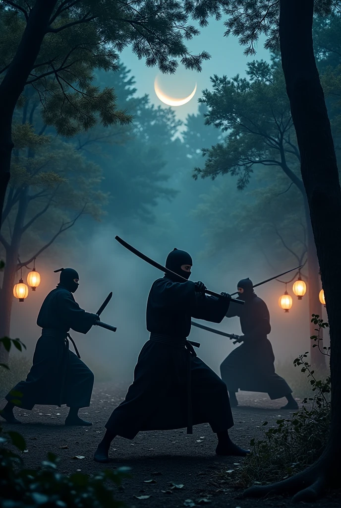 Japanese ninjas training with other ninjas at night