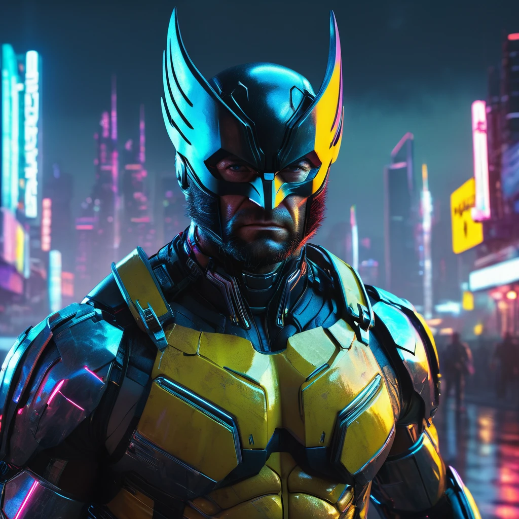 Wolverine cyberpunk warrior, highly detailed, intricate cyborg augmentations, advanced futuristic armor, glowing neon cybernetics, dramatic moody lighting, cinematic composition, gritty sci-fi atmosphere, neon city skyline, volumetric fog, hyper-realistic rendering, photorealistic, 8K, masterpiece