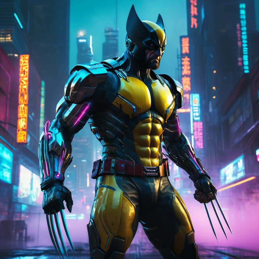 Wolverine cyberpunk warrior, highly detailed, intricate cyborg augmentations, advanced futuristic armor, glowing neon cybernetics, dramatic moody lighting, cinematic composition, gritty sci-fi atmosphere, neon city skyline, volumetric fog, hyper-realistic rendering, photorealistic, 8K, masterpiece