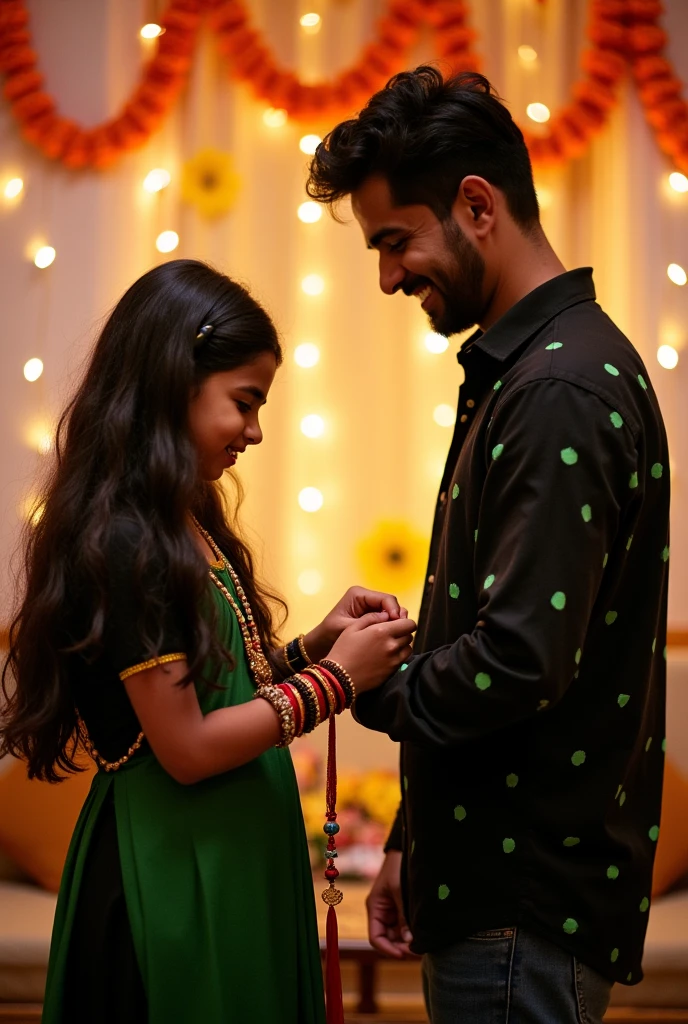 Imagine/ A Indian girl is tying a Rakhi to a Indian Boy who is elder who is wearing Black Shirt with Green dots and girl is wearing black & green dress