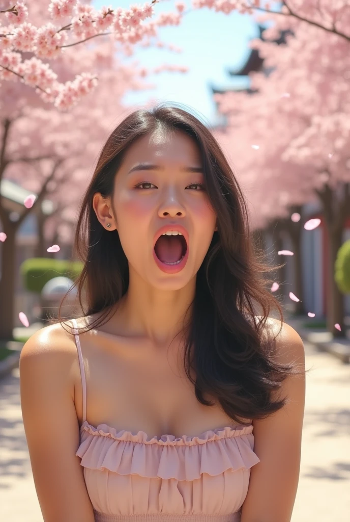 Beautiful Japanese woman with a big mouth making funny faces、Naked、His mouth is open so wide that his uvula is clearly visible.。