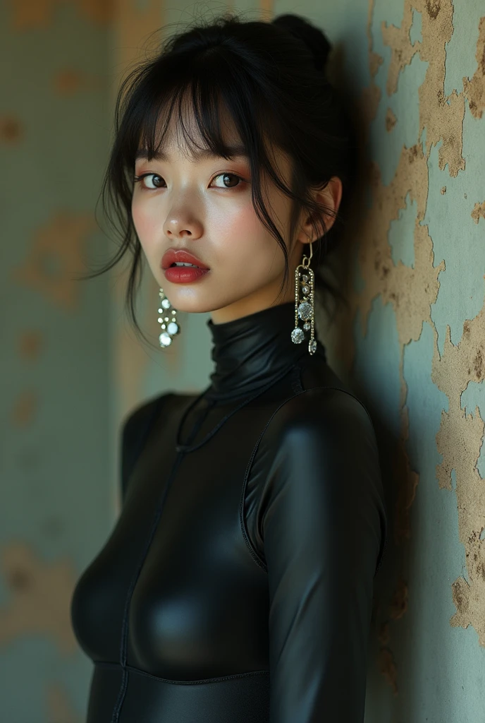 editorial photography,super detailed background,Super realistic,double exposure,depth of field,asian beauty super skinny vides,soft focus dark tone,narrative scene,Wabi-Sabi wallpaper,open Crimson lips,narrow eyes,uneven pattern matte rubber long sleeve bodysuit,super short bob-cut hairstyle,complex 3D structure neoprene armor,Scattered luminous earrings,bare inner_thigh,baby face,
