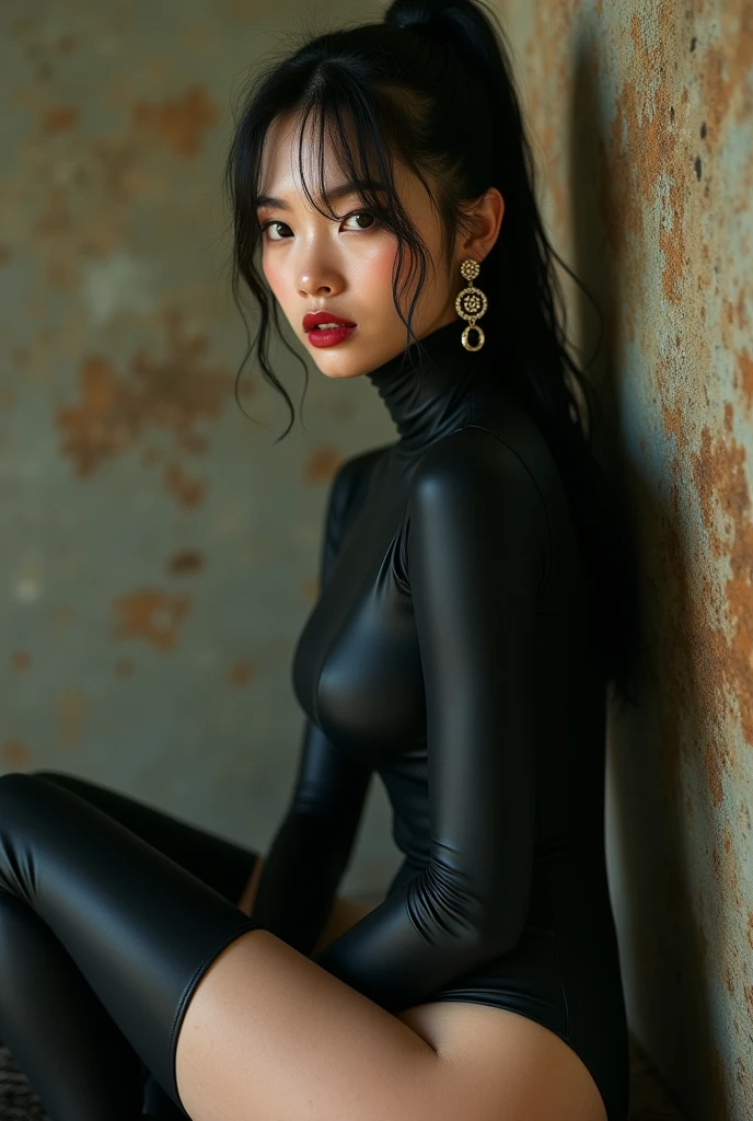editorial photography,super detailed background,Super realistic,double exposure,depth of field,asian beauty super skinny vides,soft focus dark tone,narrative scene,Wabi-Sabi wallpaper,open Crimson lips,narrow eyes,uneven pattern matte rubber long sleeve bodysuit,super short bob-cut hairstyle,complex 3D structure neoprene armor,Scattered luminous earrings,bare inner_thigh,baby face,