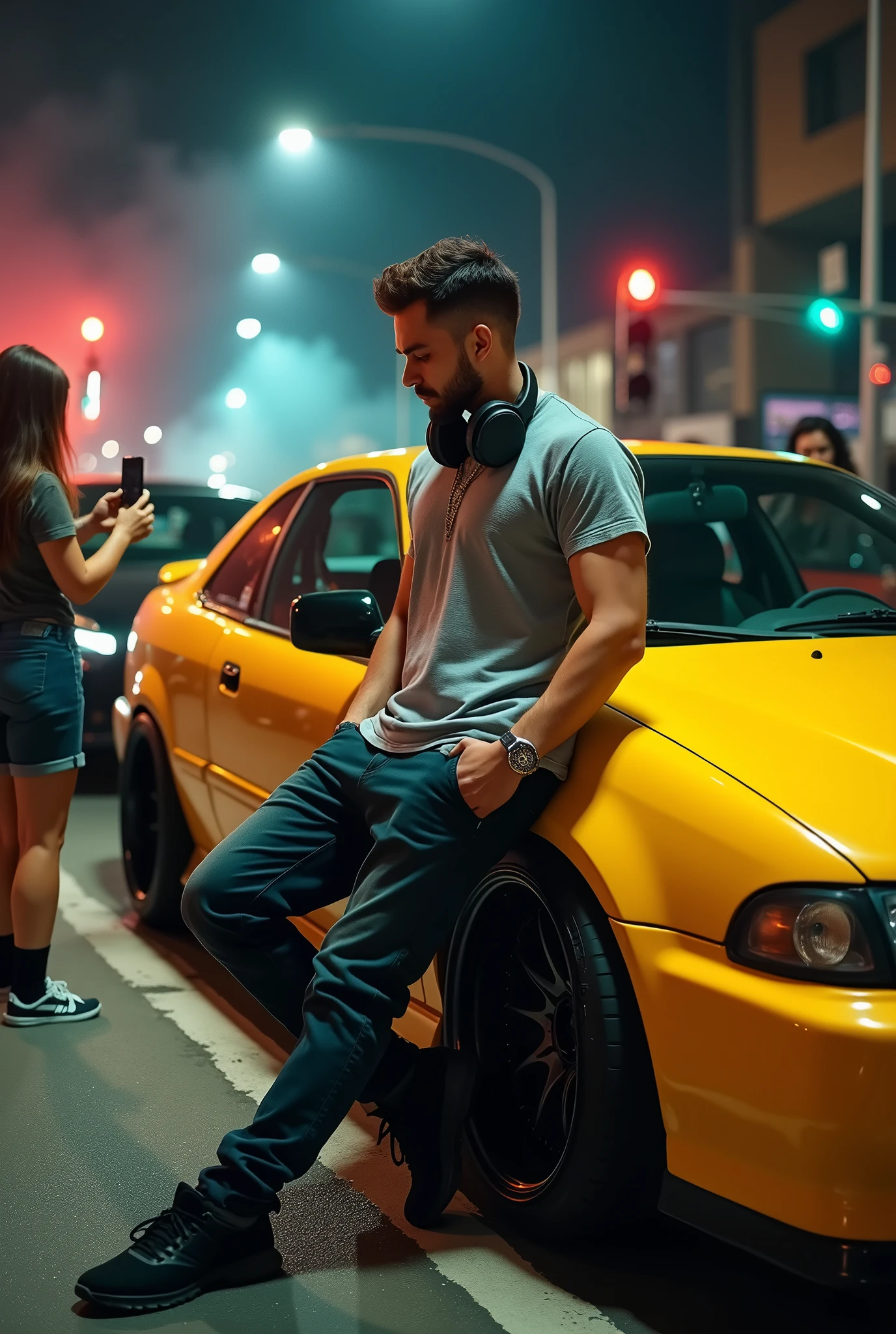 (photorealism:1.2), handsome youngman, t-shirts and tight scars jeans, sitting the body car on his modified civic ferio  (glossy yellow), (random camera angle), smokes streets, girls are taking his picture by cellphones, the traffic lights and marks, low angle camera shots, headphones, nike black sneakers, car lights in the streets at nights