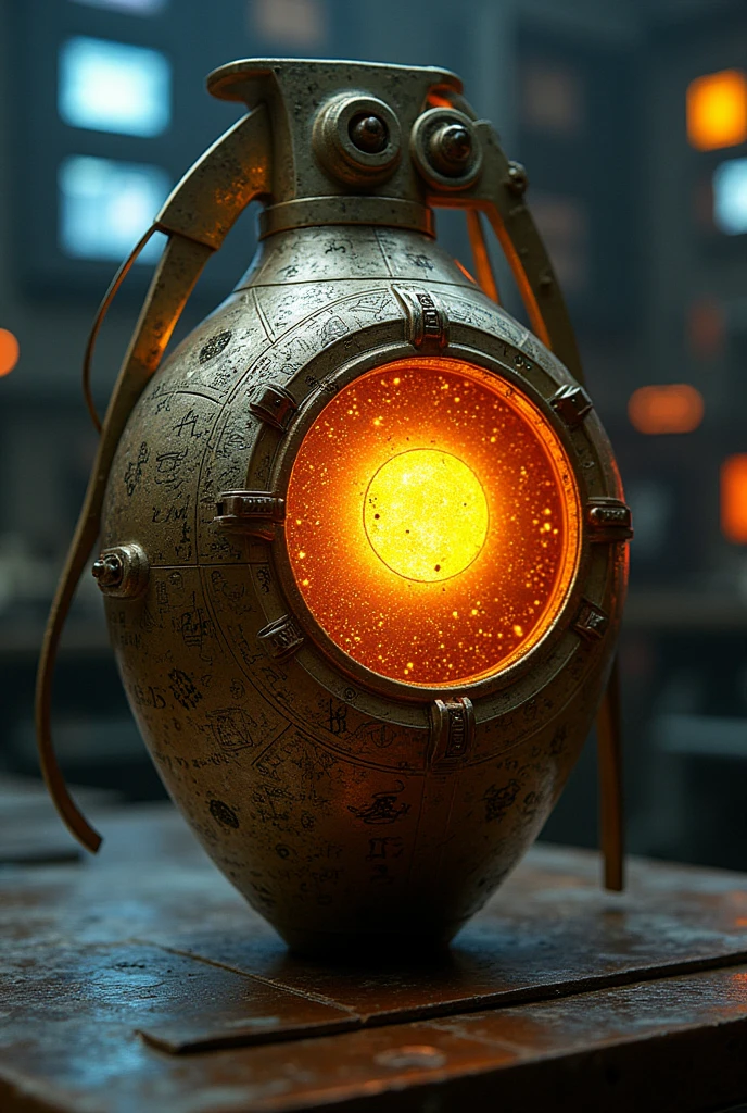 he "Singularity Core" It is a spherical artifact, the size of a hand grenade, Composed of a strange, shiny metal that seems to contain a tiny sun inside.. The surface of the core is etched with quantum equations and arcane symbols, glowing faintly with an energy that seems almost alive. This weapon not only symbolizes the power of nuclear science, but also the responsibility that comes with the creation of such power.
