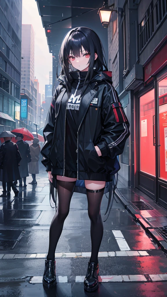 Create an anime girl that has long black hair wearing a black jacket and behind the jacket she has a blue shirt that has headphones on her neck and appears in the city At night With a pose as if she were waiting for someone with her hands in her jacket pockets and her full body visible, she looks a little away from the camera But it's night time in the city with an atmosphere as if it had just finished raining.