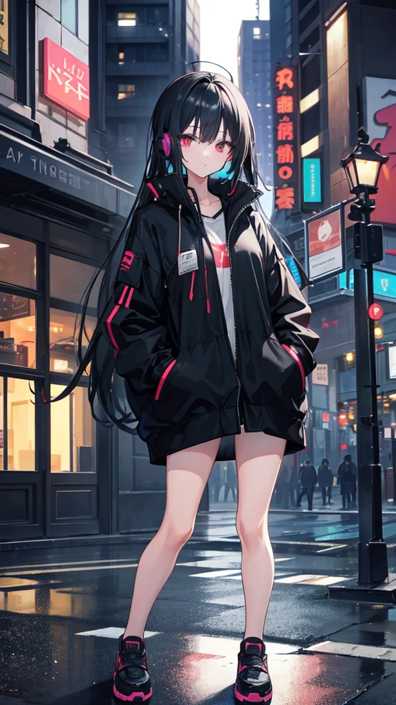 Create an anime girl that has long black hair wearing a black jacket and behind the jacket she has a blue shirt that has headphones on her neck and appears in the city At night With a pose as if she were waiting for someone with her hands in her jacket pockets and her full body visible, she looks a little away from the camera But it's night time in the city with an atmosphere as if it had just finished raining.