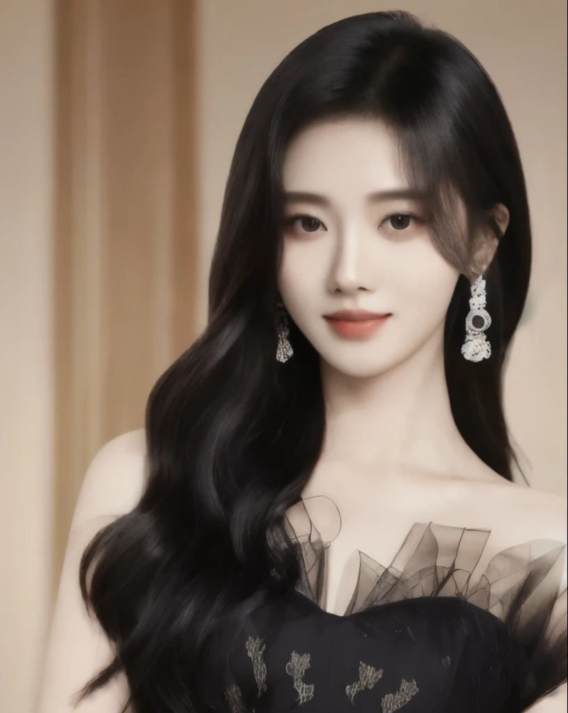 jujingyi, 1girl, solo, long hair, looking at viewer, black hair, black dress, upper body,