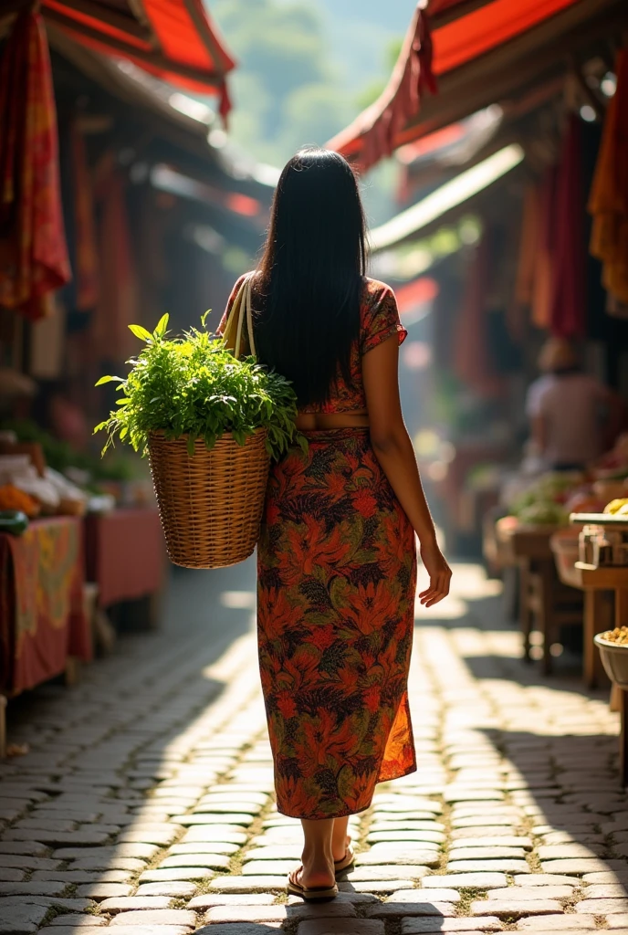 A beautiful adult village woman with black split hair, wearing a kebaya dress and Javanese traditional jarik bottoms, carrying a dunak filled with vegetables on her back, wearing a regular shawl, wearing teklek sandals or old-fashioned sandals, is walking in the middle of the hustle and bustle of a traditional Javanese market from the past., front facing object, the object looks full from head to toe, with a rustic aesthetic feel, real picture,