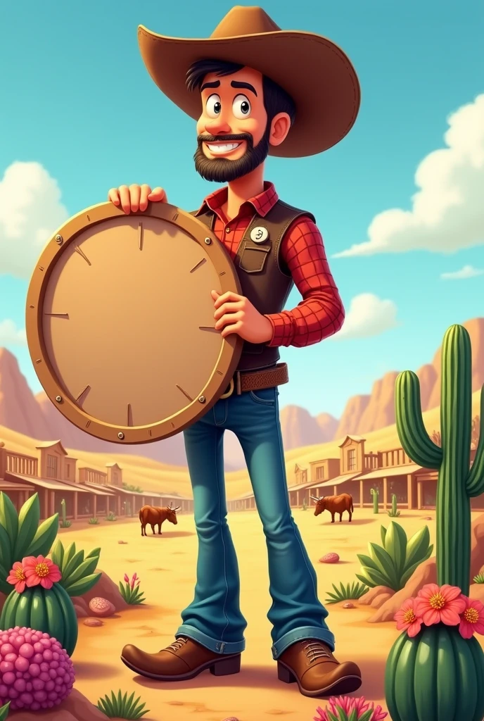 Create a Cowboy holding a round sign offering his product for sale, that it be in a cartoon that in the background you see a ranch and desert