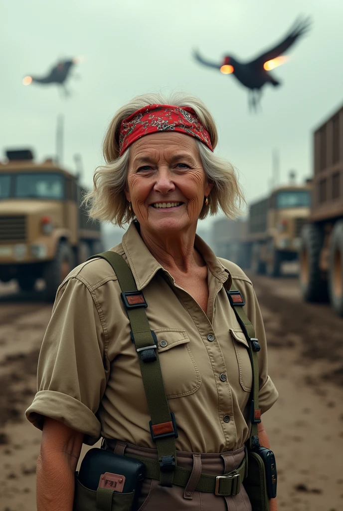 A 71-year-old woman with short, voluminous bob hair with soft waves, blonde with some darker streaks. Her face is clear with marked expression lines, especially around the eyes and mouth, with war clothing, suspenders, painted face and a bandana on the head, with a raised flag in which there is a cock. There is a war going on around her, in which flying sheep that shoot lasers from their nipples and land sheep with Monster truck wheels fight to the death against the Peruvians, with cock blows that that crush them and the Peruvians are defenseless against the cocks and the busty lasers. All in a gray war background with corpses on the ground and the gray sky.