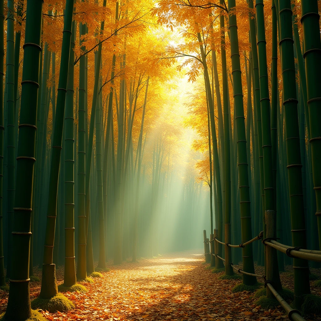 Show the seasonal changes of bamboo forest, such as golden color in autumn, showcase the diversity and vitality of bamboo forest. Beautiful cinematic lighting, surreal, RAW photo, color graded, dynamic movement, captivating chiaroscuro, award-winning, cinematic still, emotional, vignette, dynamic, vivid, (masterpiece, best quality, photorealistic, Professional, perfect composition, very aesthetic, absurdres, ultra-detailed, intricate details:1.3)